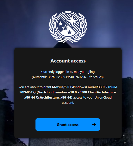 A screenshot of the browser window where the final step to link your NextCloud desktop app to your account is shown. Click Grant Access