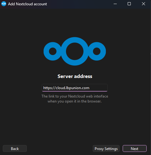 A screenshot of the nextcloud desktop app showing what URL to use for LBP Union team members: https://cloud.lbpunion.com