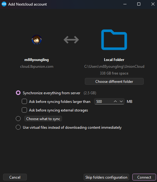 A screenshot showing how to set the default storage location in the NextCloud Desktop app.