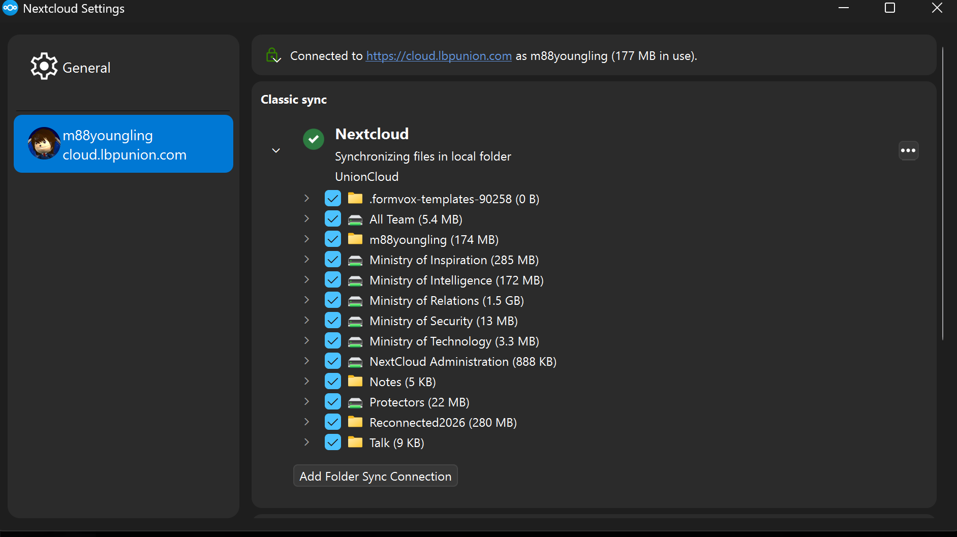 A screenshot of the NextCloud desktop app showing a selection screen to sync folders from the server.